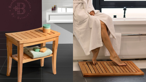 Bambüsi by Belmint Deluxe Bamboo Shower Seat Bench with Storage Shelf | $50 | AmazonBamboo Floor Mat | $30 | Amazon